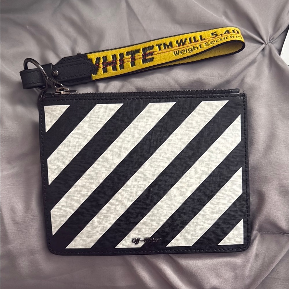 Off-White Diagonal Stripe Pouch with Yellow Strap
